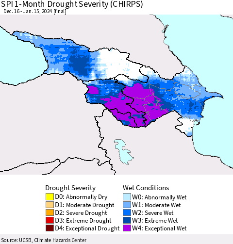 Azerbaijan, Armenia and Georgia SPI 1-Month Drought Severity (CHIRPS) Thematic Map For 12/16/2023 - 1/15/2024