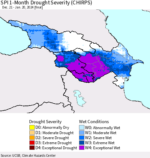 Azerbaijan, Armenia and Georgia SPI 1-Month Drought Severity (CHIRPS) Thematic Map For 12/21/2023 - 1/20/2024