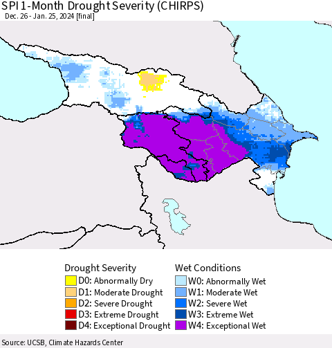Azerbaijan, Armenia and Georgia SPI 1-Month Drought Severity (CHIRPS) Thematic Map For 12/26/2023 - 1/25/2024