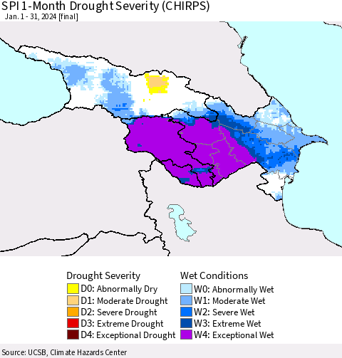 Azerbaijan, Armenia and Georgia SPI 1-Month Drought Severity (CHIRPS) Thematic Map For 1/1/2024 - 1/31/2024