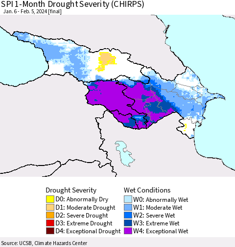 Azerbaijan, Armenia and Georgia SPI 1-Month Drought Severity (CHIRPS) Thematic Map For 1/6/2024 - 2/5/2024