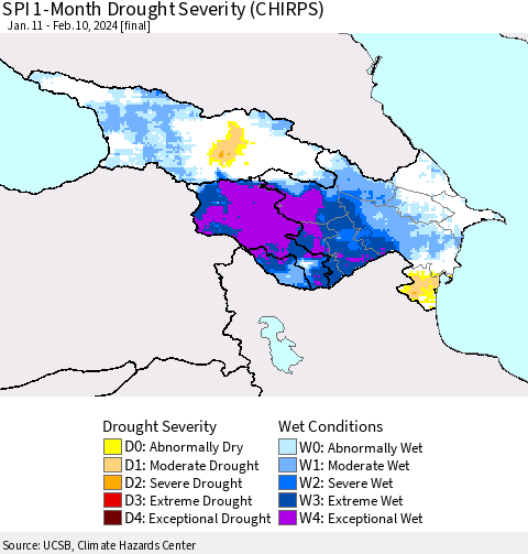 Azerbaijan, Armenia and Georgia SPI 1-Month Drought Severity (CHIRPS) Thematic Map For 1/11/2024 - 2/10/2024