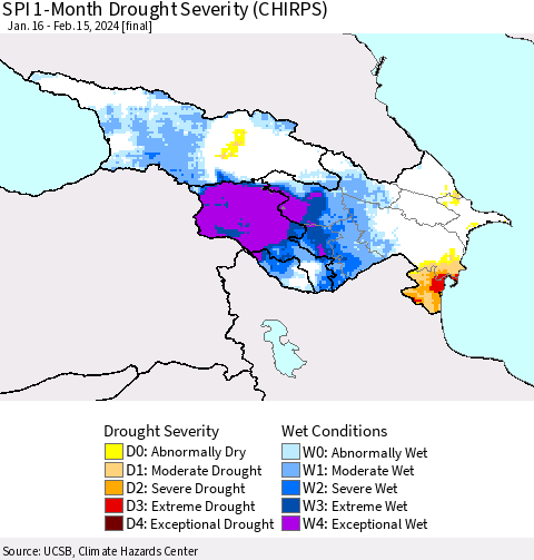 Azerbaijan, Armenia and Georgia SPI 1-Month Drought Severity (CHIRPS) Thematic Map For 1/16/2024 - 2/15/2024