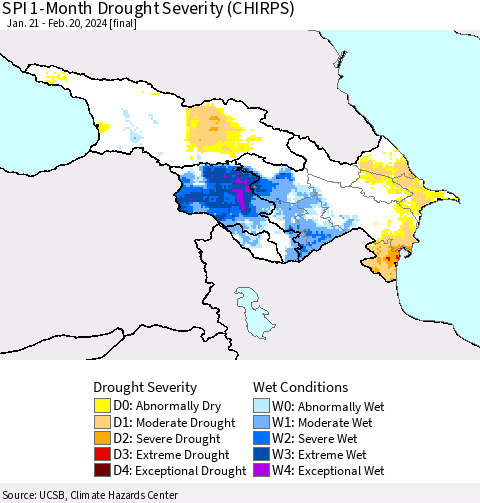 Azerbaijan, Armenia and Georgia SPI 1-Month Drought Severity (CHIRPS) Thematic Map For 1/21/2024 - 2/20/2024