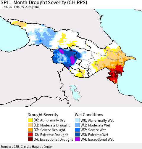 Azerbaijan, Armenia and Georgia SPI 1-Month Drought Severity (CHIRPS) Thematic Map For 1/26/2024 - 2/25/2024