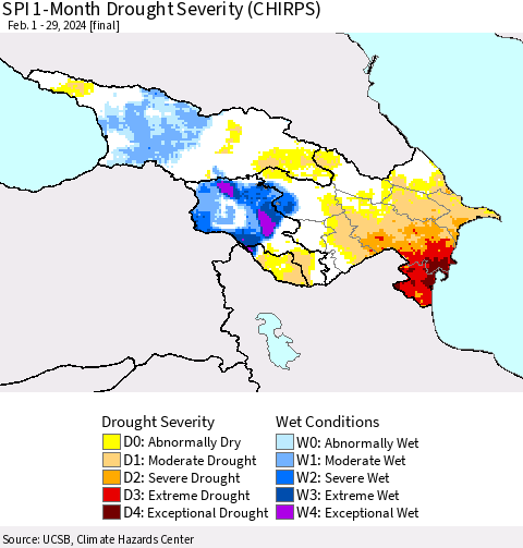 Azerbaijan, Armenia and Georgia SPI 1-Month Drought Severity (CHIRPS) Thematic Map For 2/1/2024 - 2/29/2024