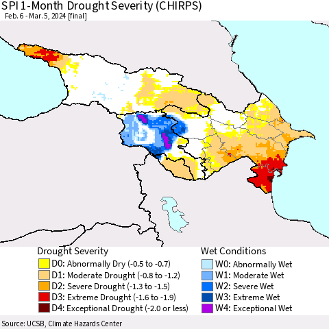 Azerbaijan, Armenia and Georgia SPI 1-Month Drought Severity (CHIRPS) Thematic Map For 2/6/2024 - 3/5/2024