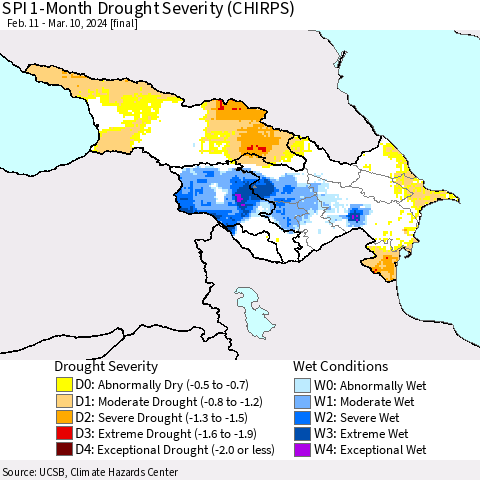 Azerbaijan, Armenia and Georgia SPI 1-Month Drought Severity (CHIRPS) Thematic Map For 2/11/2024 - 3/10/2024