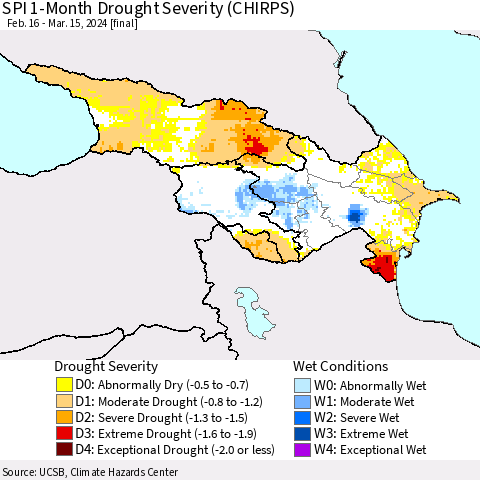 Azerbaijan, Armenia and Georgia SPI 1-Month Drought Severity (CHIRPS) Thematic Map For 2/16/2024 - 3/15/2024