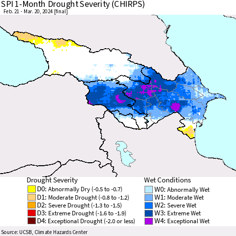 Azerbaijan, Armenia and Georgia SPI 1-Month Drought Severity (CHIRPS) Thematic Map For 2/21/2024 - 3/20/2024