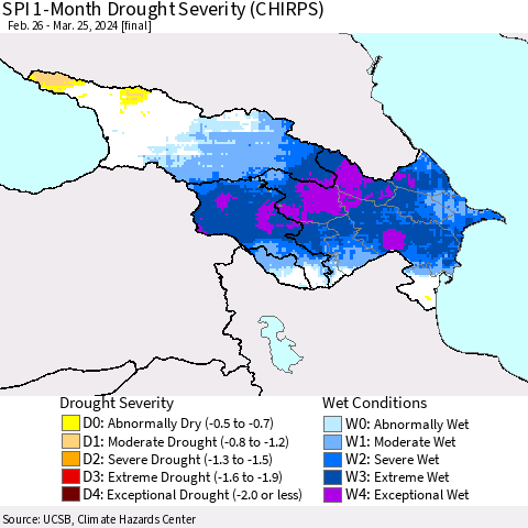 Azerbaijan, Armenia and Georgia SPI 1-Month Drought Severity (CHIRPS) Thematic Map For 2/26/2024 - 3/25/2024