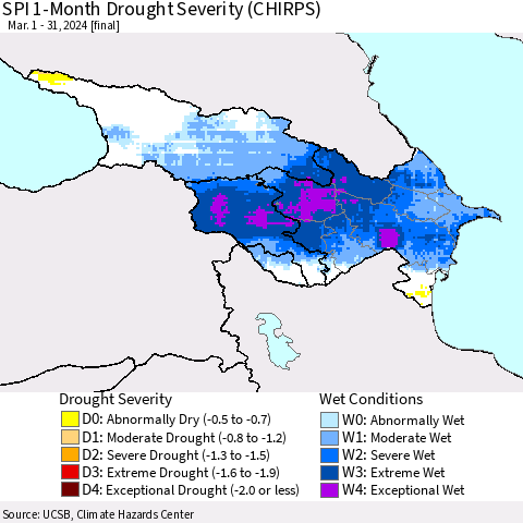 Azerbaijan, Armenia and Georgia SPI 1-Month Drought Severity (CHIRPS) Thematic Map For 3/1/2024 - 3/31/2024