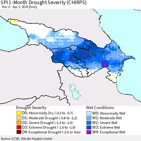 Azerbaijan, Armenia and Georgia SPI 1-Month Drought Severity (CHIRPS) Thematic Map For 3/6/2024 - 4/5/2024