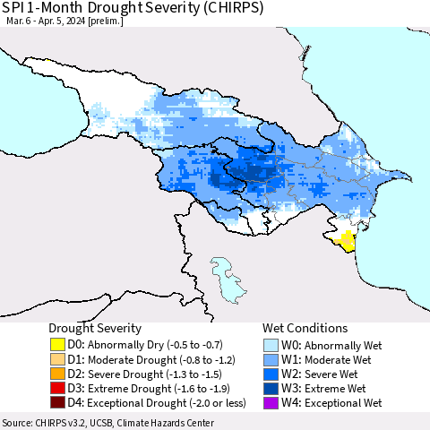 Azerbaijan, Armenia and Georgia SPI 1-Month Drought Severity (CHIRPS) Thematic Map For 3/6/2024 - 4/5/2024