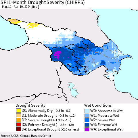 Azerbaijan, Armenia and Georgia SPI 1-Month Drought Severity (CHIRPS) Thematic Map For 3/11/2024 - 4/10/2024