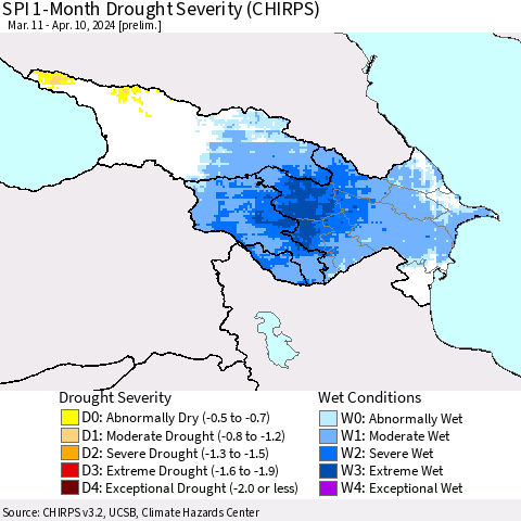 Azerbaijan, Armenia and Georgia SPI 1-Month Drought Severity (CHIRPS) Thematic Map For 3/11/2024 - 4/10/2024