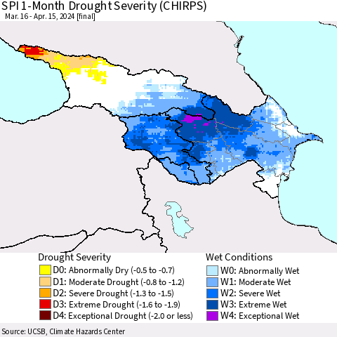 Azerbaijan, Armenia and Georgia SPI 1-Month Drought Severity (CHIRPS) Thematic Map For 3/16/2024 - 4/15/2024