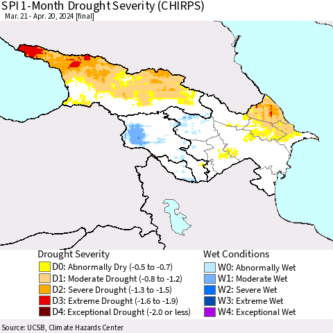 Azerbaijan, Armenia and Georgia SPI 1-Month Drought Severity (CHIRPS) Thematic Map For 3/21/2024 - 4/20/2024