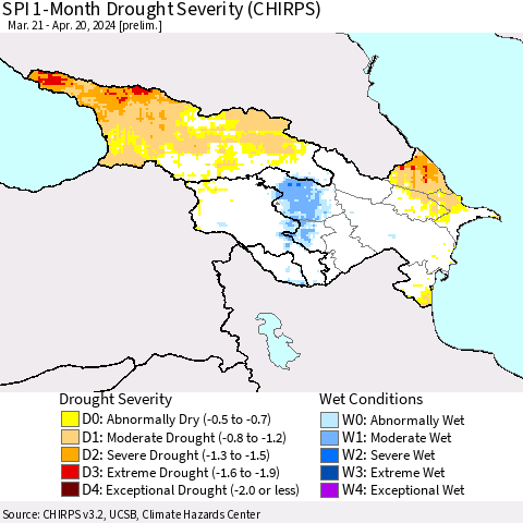 Azerbaijan, Armenia and Georgia SPI 1-Month Drought Severity (CHIRPS) Thematic Map For 3/21/2024 - 4/20/2024