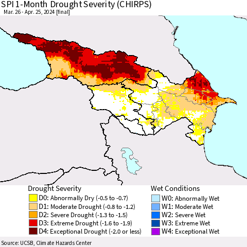 Azerbaijan, Armenia and Georgia SPI 1-Month Drought Severity (CHIRPS) Thematic Map For 3/26/2024 - 4/25/2024