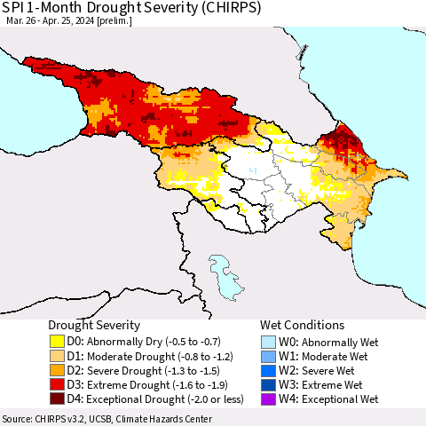 Azerbaijan, Armenia and Georgia SPI 1-Month Drought Severity (CHIRPS) Thematic Map For 3/26/2024 - 4/25/2024