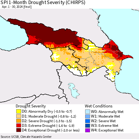 Azerbaijan, Armenia and Georgia SPI 1-Month Drought Severity (CHIRPS) Thematic Map For 4/1/2024 - 4/30/2024