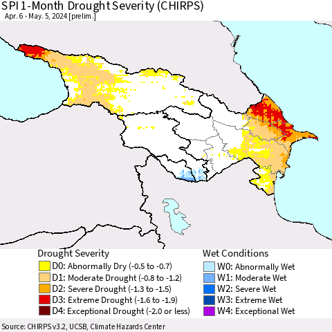 Azerbaijan, Armenia and Georgia SPI 1-Month Drought Severity (CHIRPS) Thematic Map For 4/6/2024 - 5/5/2024