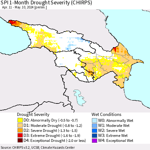 Azerbaijan, Armenia and Georgia SPI 1-Month Drought Severity (CHIRPS) Thematic Map For 4/11/2024 - 5/10/2024