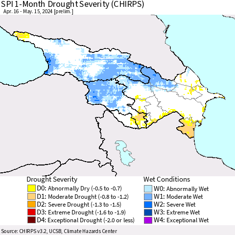 Azerbaijan, Armenia and Georgia SPI 1-Month Drought Severity (CHIRPS) Thematic Map For 4/16/2024 - 5/15/2024