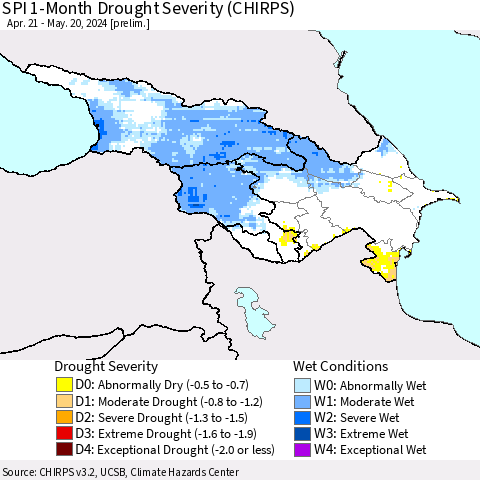 Azerbaijan, Armenia and Georgia SPI 1-Month Drought Severity (CHIRPS) Thematic Map For 4/21/2024 - 5/20/2024