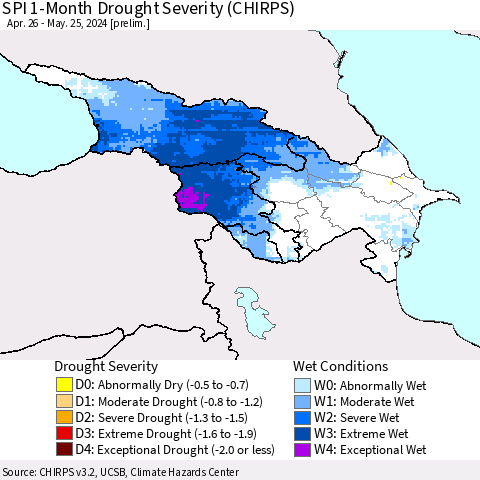 Azerbaijan, Armenia and Georgia SPI 1-Month Drought Severity (CHIRPS) Thematic Map For 4/26/2024 - 5/25/2024