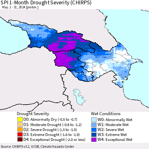 Azerbaijan, Armenia and Georgia SPI 1-Month Drought Severity (CHIRPS) Thematic Map For 5/1/2024 - 5/31/2024
