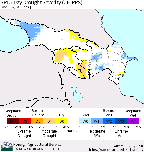 Azerbaijan, Armenia and Georgia SPI 5-Day Drought Severity (CHIRPS) Thematic Map For 4/1/2022 - 4/5/2022