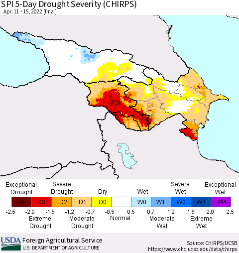 Azerbaijan, Armenia and Georgia SPI 5-Day Drought Severity (CHIRPS) Thematic Map For 4/11/2022 - 4/15/2022