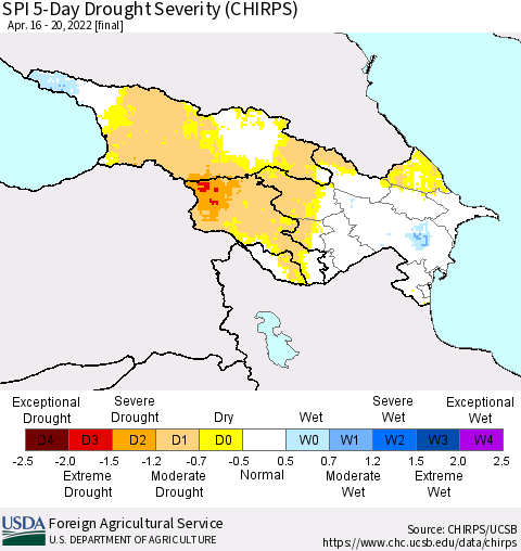 Azerbaijan, Armenia and Georgia SPI 5-Day Drought Severity (CHIRPS) Thematic Map For 4/16/2022 - 4/20/2022