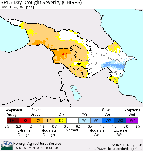 Azerbaijan, Armenia and Georgia SPI 5-Day Drought Severity (CHIRPS) Thematic Map For 4/21/2022 - 4/25/2022