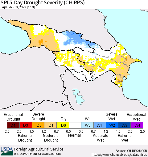 Azerbaijan, Armenia and Georgia SPI 5-Day Drought Severity (CHIRPS) Thematic Map For 4/26/2022 - 4/30/2022