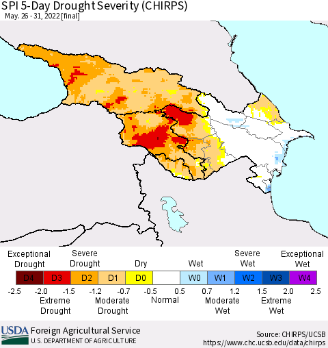 Azerbaijan, Armenia and Georgia SPI 5-Day Drought Severity (CHIRPS) Thematic Map For 5/26/2022 - 5/31/2022