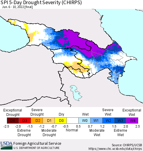Azerbaijan, Armenia and Georgia SPI 5-Day Drought Severity (CHIRPS) Thematic Map For 6/6/2022 - 6/10/2022