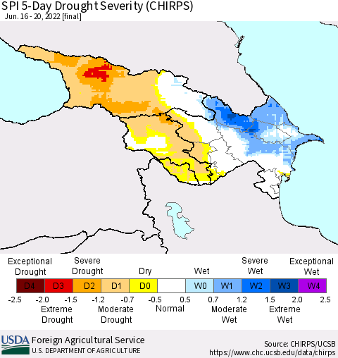 Azerbaijan, Armenia and Georgia SPI 5-Day Drought Severity (CHIRPS) Thematic Map For 6/16/2022 - 6/20/2022
