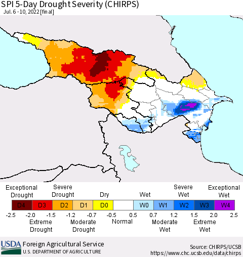 Azerbaijan, Armenia and Georgia SPI 5-Day Drought Severity (CHIRPS) Thematic Map For 7/6/2022 - 7/10/2022