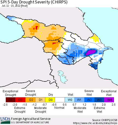 Azerbaijan, Armenia and Georgia SPI 5-Day Drought Severity (CHIRPS) Thematic Map For 7/11/2022 - 7/15/2022