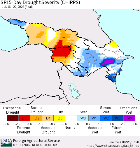 Azerbaijan, Armenia and Georgia SPI 5-Day Drought Severity (CHIRPS) Thematic Map For 7/16/2022 - 7/20/2022