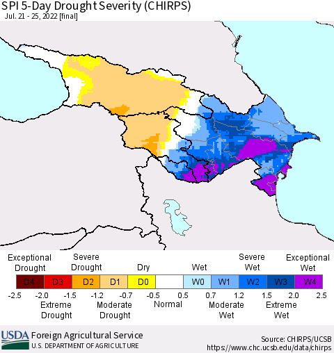 Azerbaijan, Armenia and Georgia SPI 5-Day Drought Severity (CHIRPS) Thematic Map For 7/21/2022 - 7/25/2022