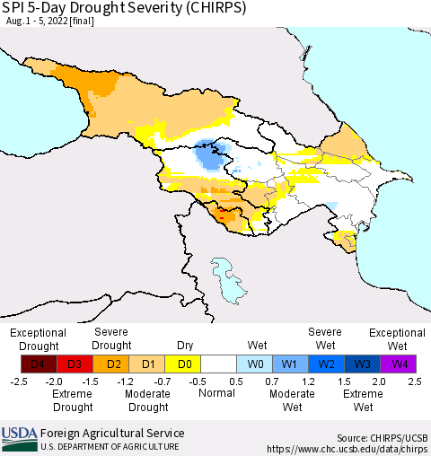 Azerbaijan, Armenia and Georgia SPI 5-Day Drought Severity (CHIRPS) Thematic Map For 8/1/2022 - 8/5/2022