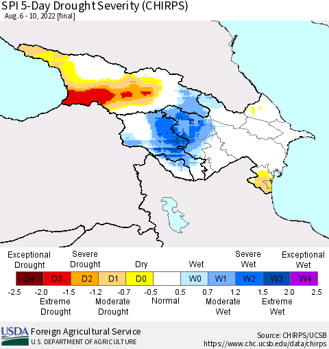 Azerbaijan, Armenia and Georgia SPI 5-Day Drought Severity (CHIRPS) Thematic Map For 8/6/2022 - 8/10/2022