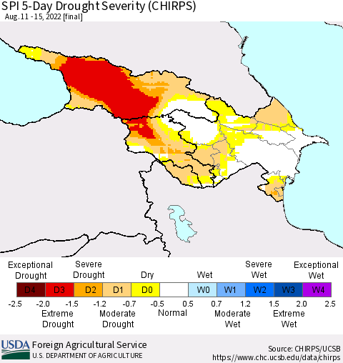 Azerbaijan, Armenia and Georgia SPI 5-Day Drought Severity (CHIRPS) Thematic Map For 8/11/2022 - 8/15/2022