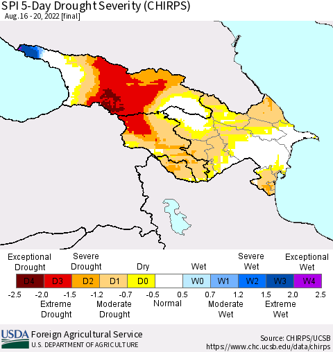 Azerbaijan, Armenia and Georgia SPI 5-Day Drought Severity (CHIRPS) Thematic Map For 8/16/2022 - 8/20/2022