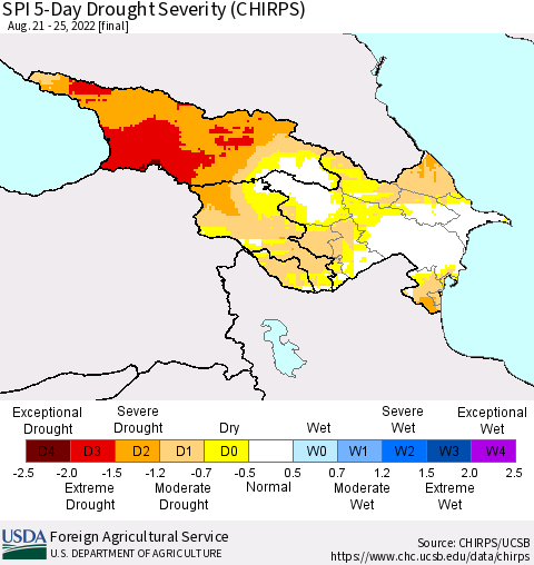 Azerbaijan, Armenia and Georgia SPI 5-Day Drought Severity (CHIRPS) Thematic Map For 8/21/2022 - 8/25/2022