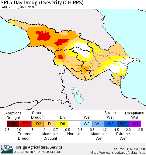 Azerbaijan, Armenia and Georgia SPI 5-Day Drought Severity (CHIRPS) Thematic Map For 8/26/2022 - 8/31/2022